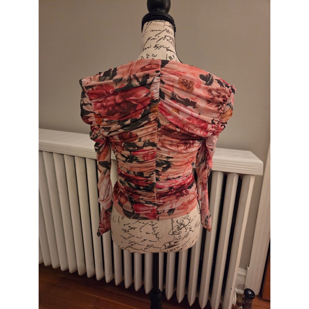 Express Bodycon Floral Ruched Mesh Sweetheart Neck Long Sleeve Top Pink Sz M - Picture 8 of 13